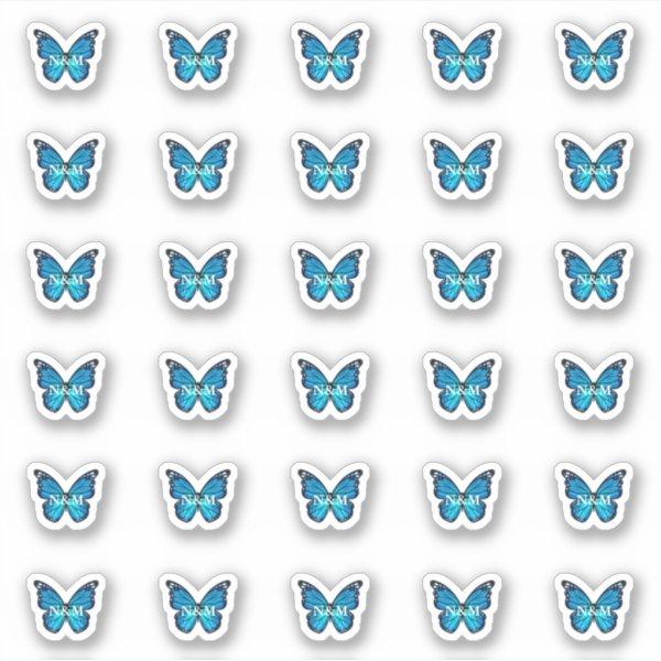 Elegant Blue Monarch Butterfly Monogram Initials Sticker