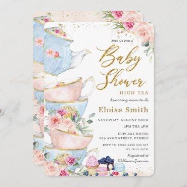 Elegant Blush Floral High Tea Party Baby Shower Invitation