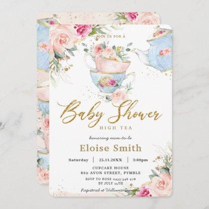 Elegant Blush Floral High Tea Party Baby Shower  Invitation