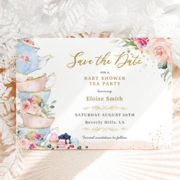 Elegant Blush Floral High Tea Party Baby Shower Save The Date