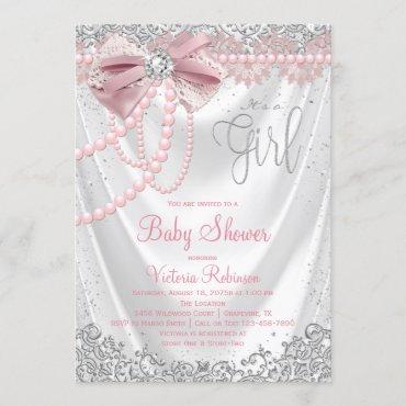 Elegant Blush Pink Diamond Pearl Girly Baby Shower Invitation