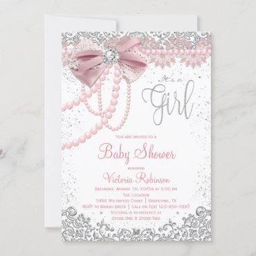 Elegant Blush Pink Diamond Pearl Girly Baby Shower Invitation
