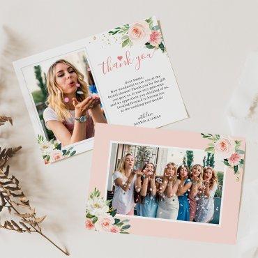 Elegant Blush Pink Floral Bridal Shower Photo Thank You Card