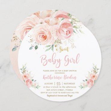 Elegant Blush Pink Floral Gold Girl Baby Shower Invitation
