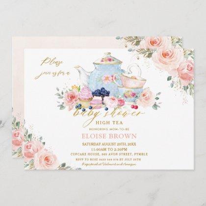 Elegant Blush Pink Floral Tea Party Baby Shower In Invitation