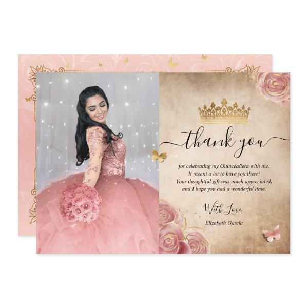 Elegant Blush Pink Rose and Gold Quinceanera Photo Thank You Card
