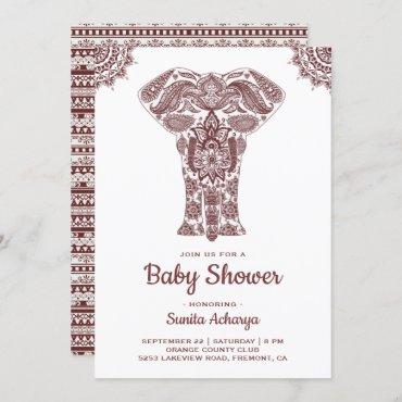 Elegant Brown Henna Indian Elephant Baby Shower Invitation
