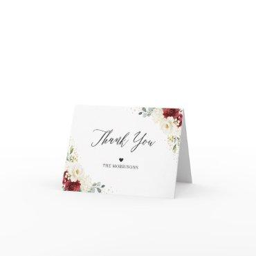 Elegant Chic Burgundy Red White Floral Wedding Thank You Card