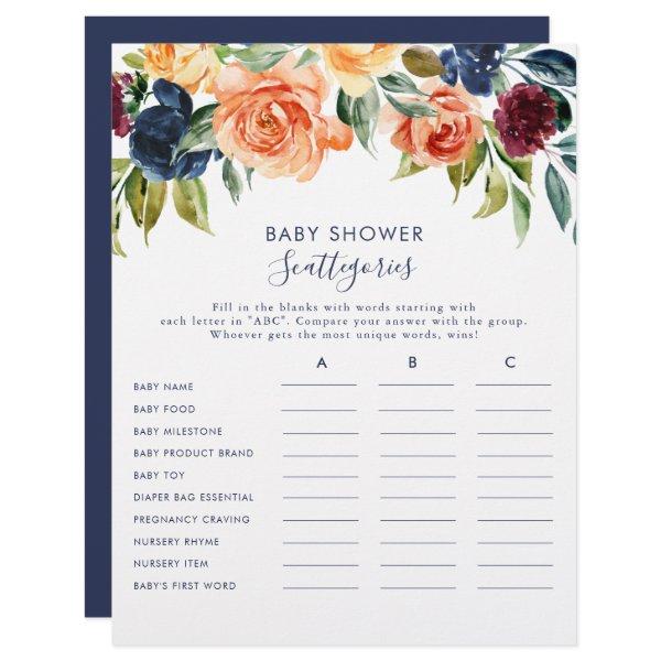 Elegant Floral Baby Shower Scattegories Game