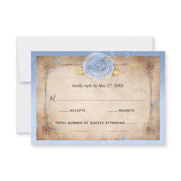 Elegant Floral Light Blue Rose Gold Rustic Wedding RSVP Card