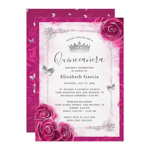 Elegant Floral Silver and Fuchsia Quinceanera