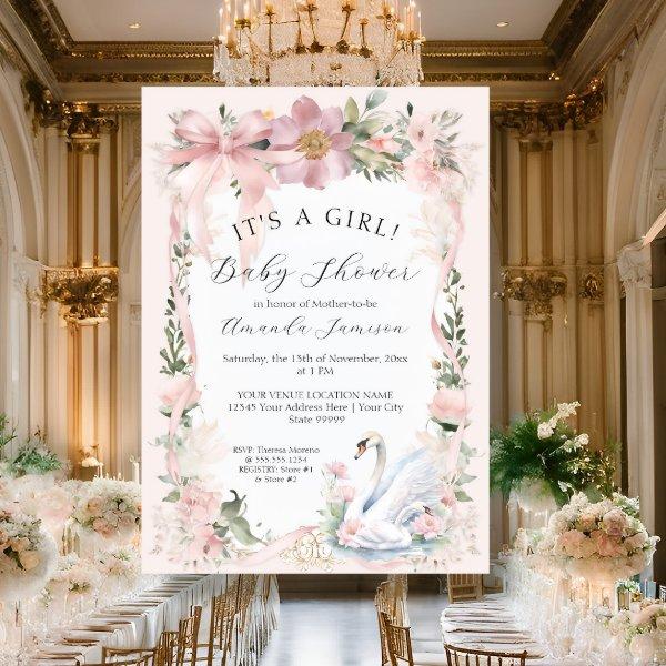 Elegant Floral Swan Blush Pink Ribbon