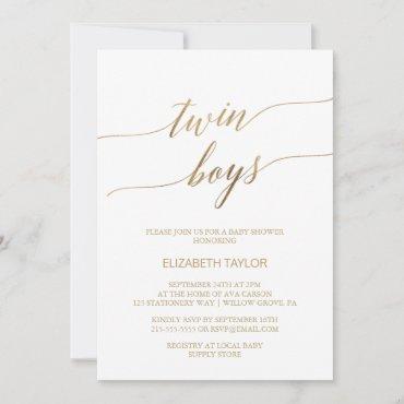 Elegant Gold Calligraphy Twin Boys Baby Shower Invitation