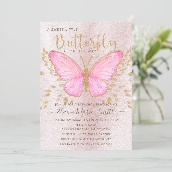Elegant Gold Foil Pink Butterfly Baby Shower  Invi