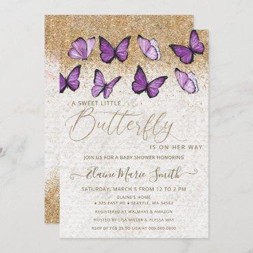 Elegant Gold Glitter Purple Butterfly Baby Shower