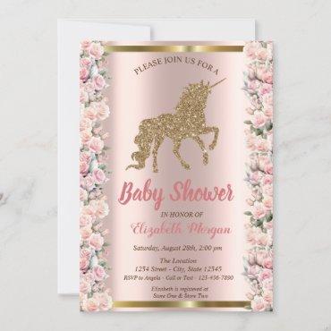 Elegant Gold Glitter Unicorn Roses Baby Shower