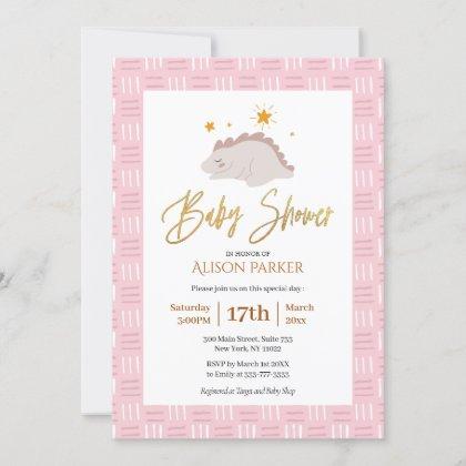 Elegant Gold Script Cute Pink Dinosaur Baby Shower Invitation