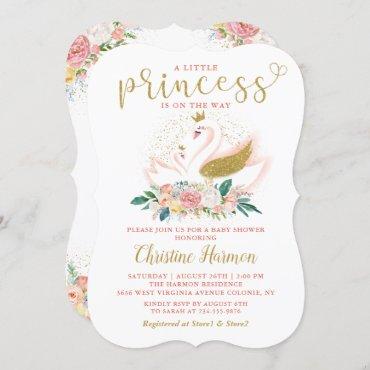 Elegant Gold Swan Princess Pink Floral Baby Shower Invitation