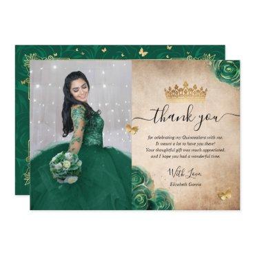 Elegant Green and Gold Quinceañera Photo Birthday Thank You Card