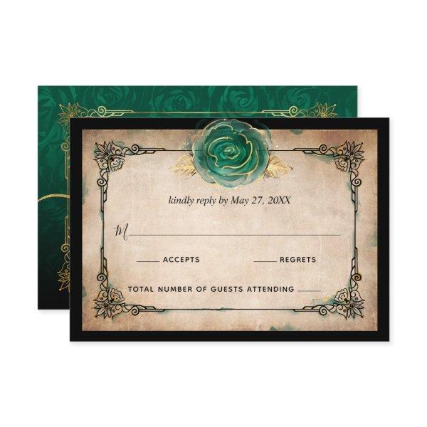 Elegant Green Rose Gold Black Watercolor Wedding RSVP Card