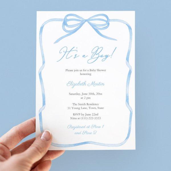 Elegant Light Blue Bow Its A Boy Baby Shower Party