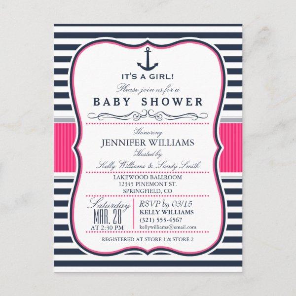 Elegant Nautical Baby Shower Invite; Navy and Pink  Postcard