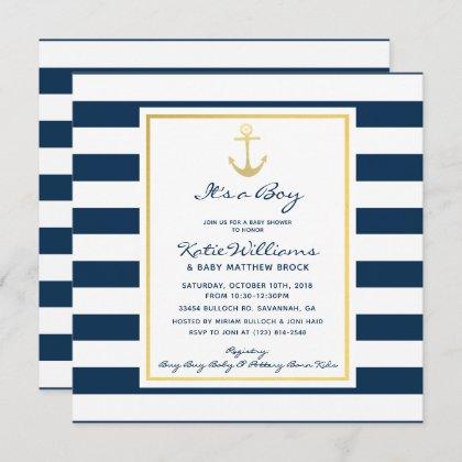 Elegant Nautical Navy and Gold Anchor Baby Shower Invitation