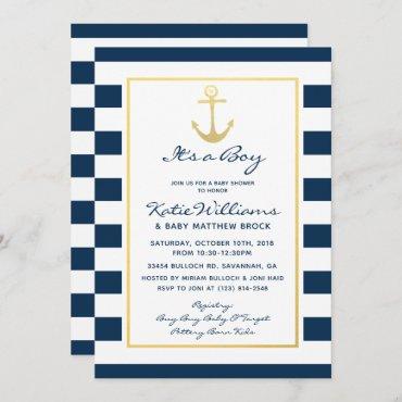 Elegant Nautical Navy and Gold Boy Baby Shower Invitation