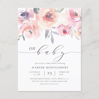 Elegant Oh Baby Lettering Floral Baby Girl Shower Invitation Postcard