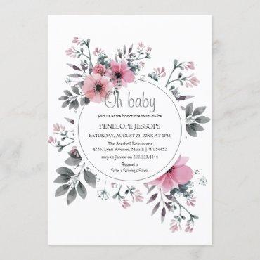 Elegant 'Oh Baby' Pink & Grey Floral Baby Shower Invitation