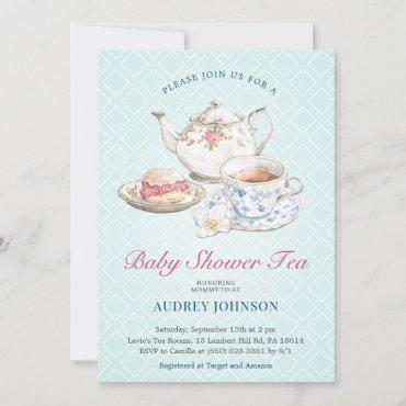 Elegant Pastel Blue Baby Shower Tea Floral Teapot