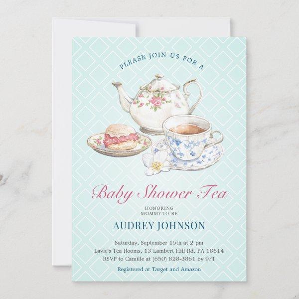 Elegant Pastel Blue Baby Shower Tea Floral Teapot