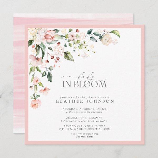 Elegant Pink Baby in Bloom Script Girl Baby Shower Invitation