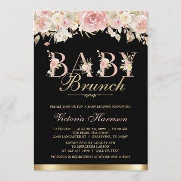 Elegant Pink Black Gold Floral Baby Shower Brunch Invitation
