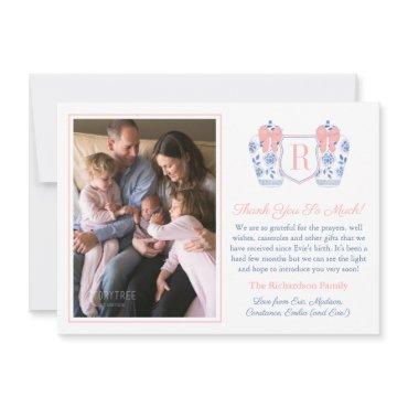 Elegant Pink Bow Monogram Baby Girl Picture Thank You Card