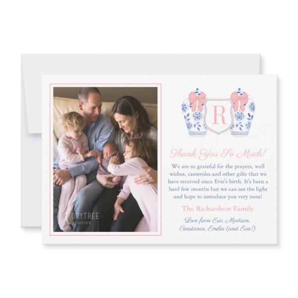 Elegant Pink Bow Monogram Baby Girl Picture Thank You Card