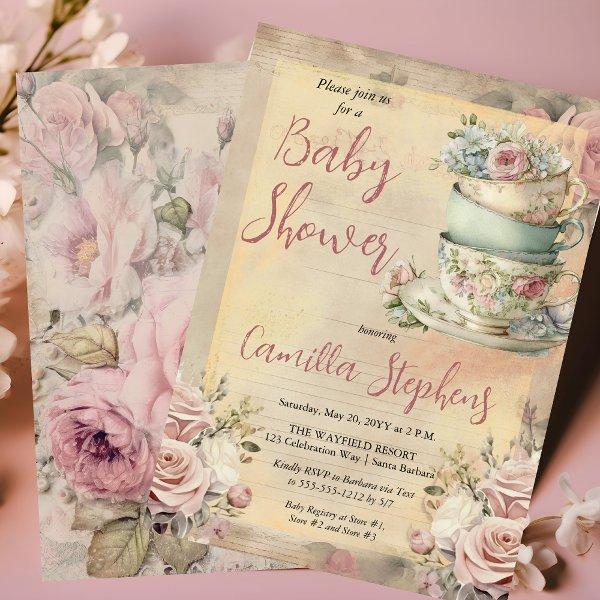 Elegant Pink Floral Tea Cups Girl Baby Shower Tea