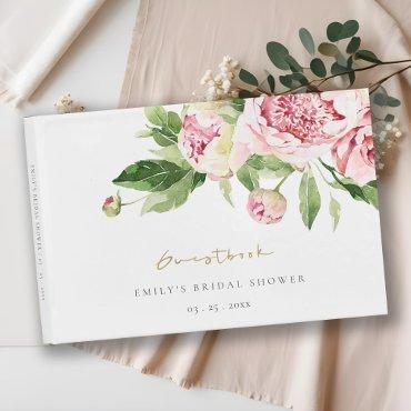 Elegant Pink Green Peony Floral Bridal Shower Guest Book