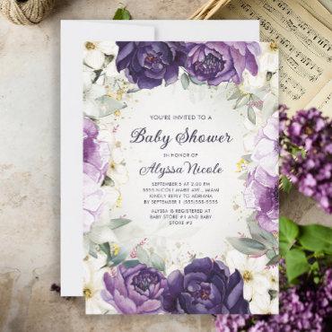 Elegant Purple White Floral Glitter Baby Shower In
