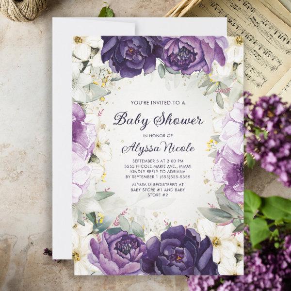 Elegant Purple White Floral Glitter Baby Shower In