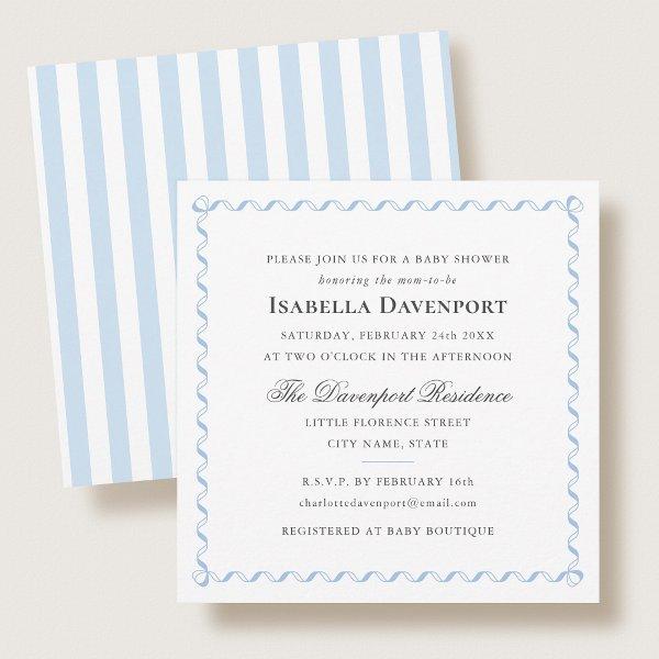 Elegant Ribbon Baby Shower Stripes Blue Square