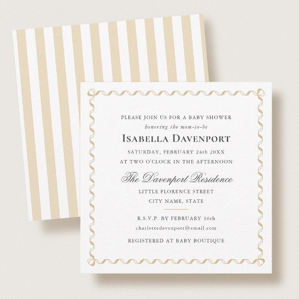 Elegant Ribbon Baby Shower Stripes Gold Square