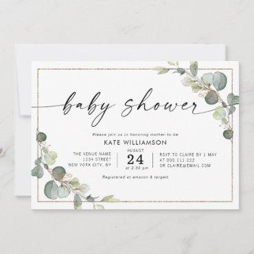 elegant script eucalyptus greenery baby shower invitation