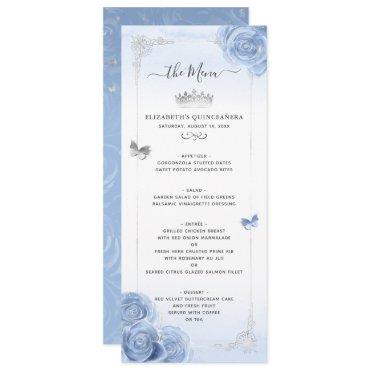 Elegant Silver Light Blue Roses Watercolor Floral Menu