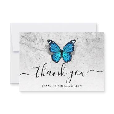 Elegant Simple Script Blue Butterfly Thank You Card