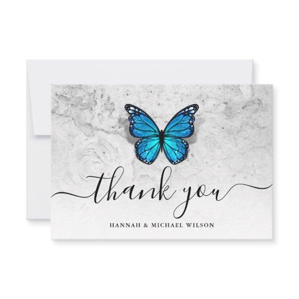 Elegant Simple Script Blue Butterfly Thank You Card