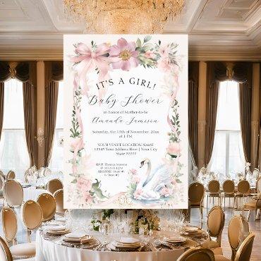 Elegant Swan Floral Blush Pink Ribbon
