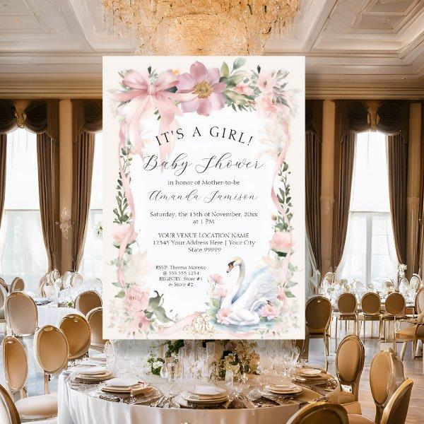 Elegant Swan Floral Blush Pink Ribbon
