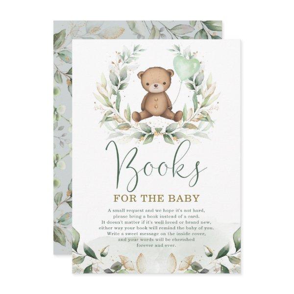 Elegant Teddy Bear Greenery Gold Books for Baby Enclosure Card
