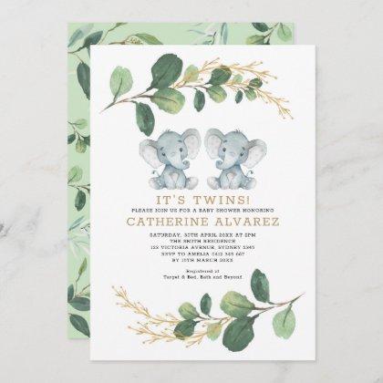 Elegant Twin Elephant Soft Greenery Baby Shower Invitation